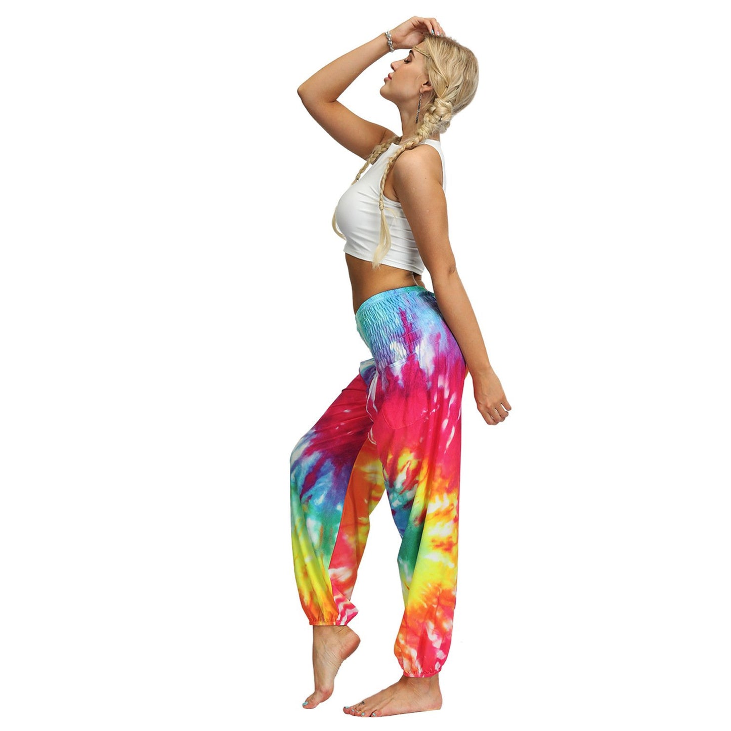 Source Manufacturers Tie-dye Women's Loose Plus Size Yoga Pants European And American Fashion Belly Dance Bloomers Fitness Dance Pants