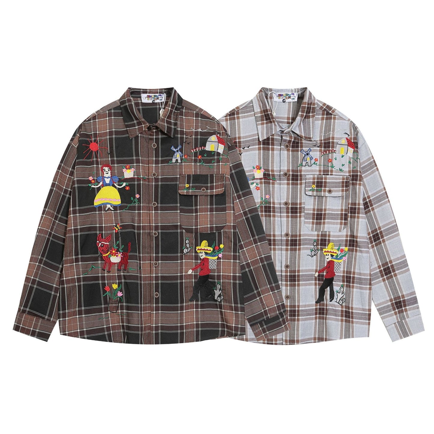 Fun Cartoon Embroidered Plaid Long-sleeved Shirt For Men And Women Autumn Niche Design All-match Shirt