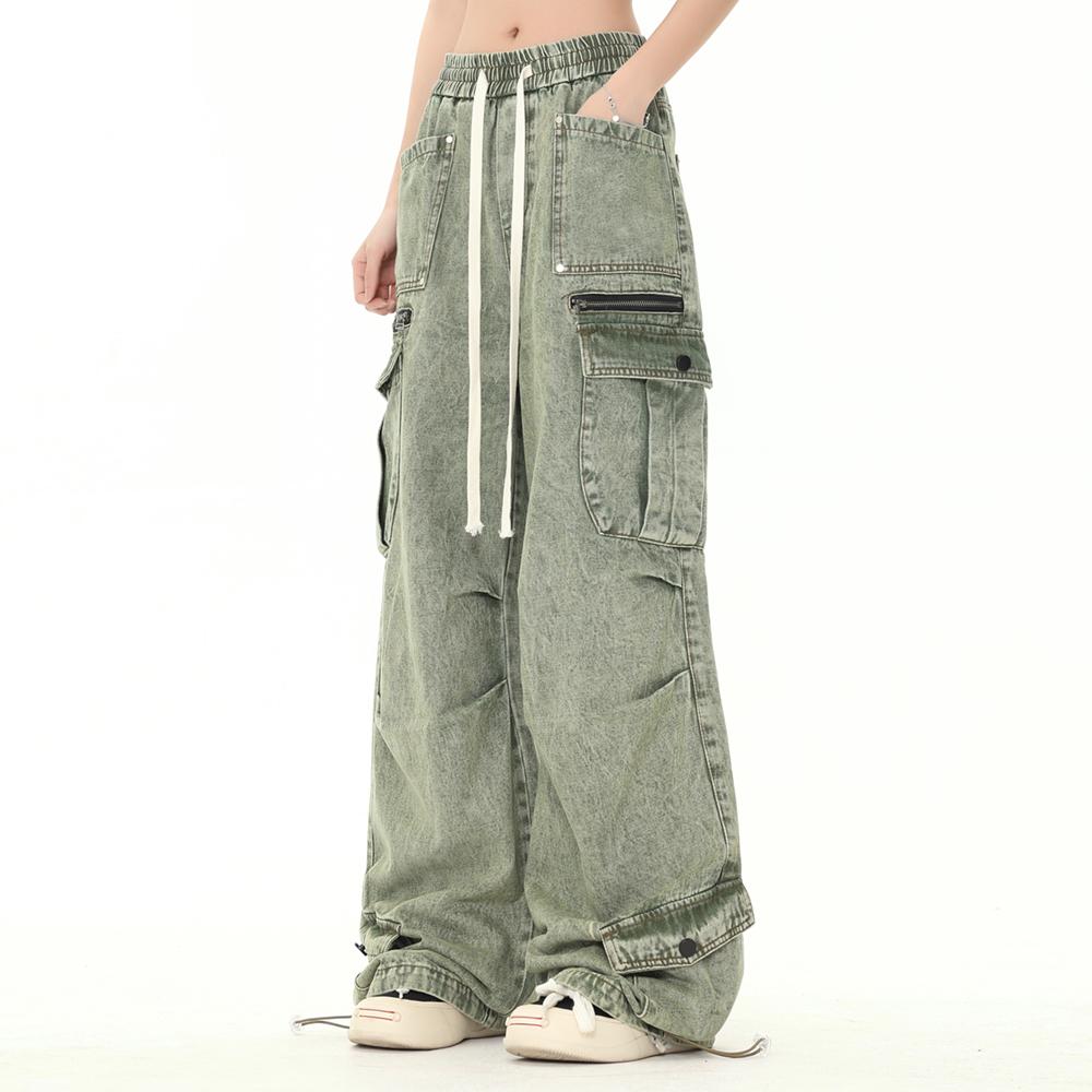 Wide-Leg Tooling Jeans Men's Trendy Brand High Street Multi-Pocket Washed Leg Drawstring Wide-Leg Pants