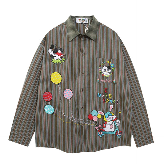 Vintage Hong Kong Style Cartoon Embroidered Vertical Stripe Long Sleeve Shirt Men's 2024 New Loose Shirt Jacket