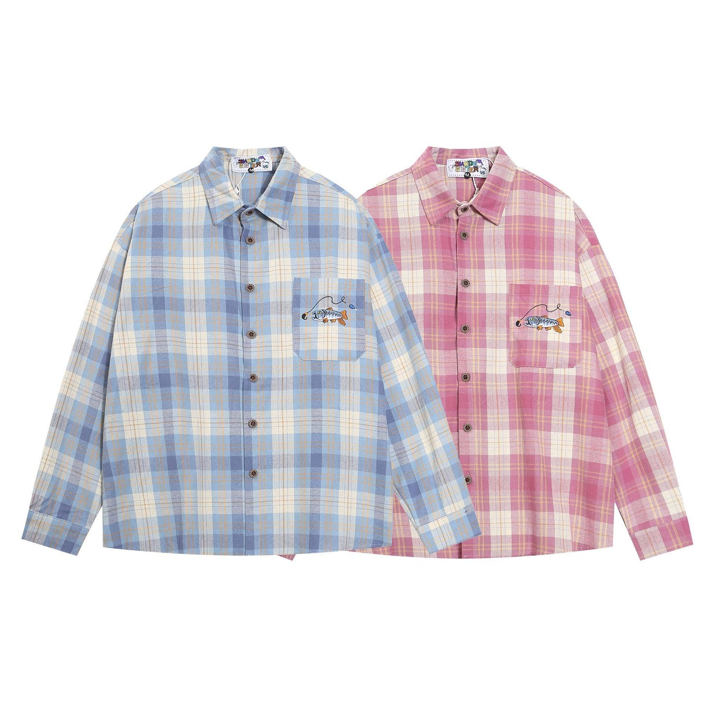 American Retro Design Embroidered Plaid Long Sleeve Shirt Top Loose All-match Couple's Jacket