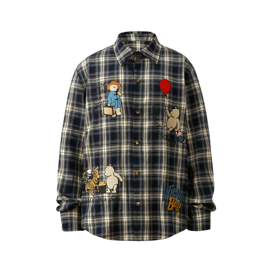 American Style Retro Street Brand Cartoon Embroidered Plaid Shirt For Men And Women Couple Loose All-match Shirt