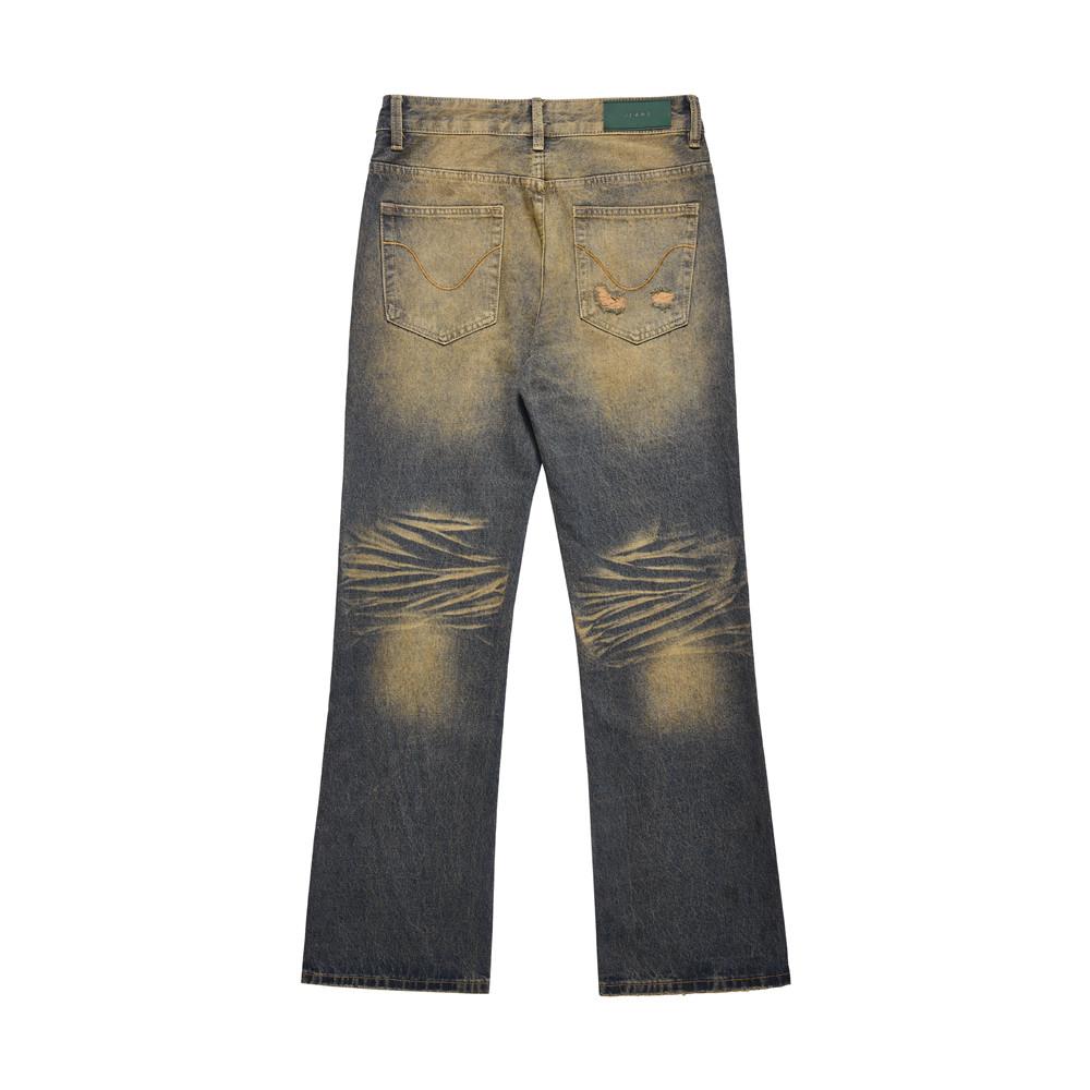 Wash Yellow Indented Wide Leg Jeans Men's High Street All-match Loose Niche Straight Long Pants