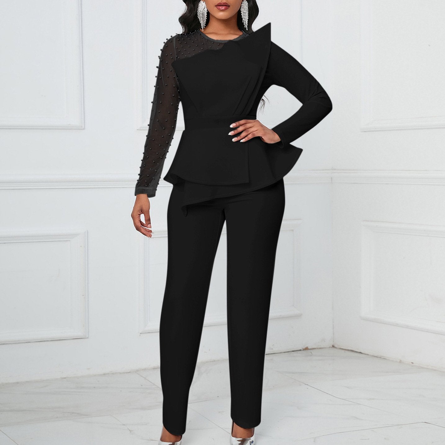 AB10ATE D439 Independent Station 2023 New Long Sleeve Elegant Mesh Stitching Bead Slim Banquet Plus Size Foreign Trade Jumpsuit