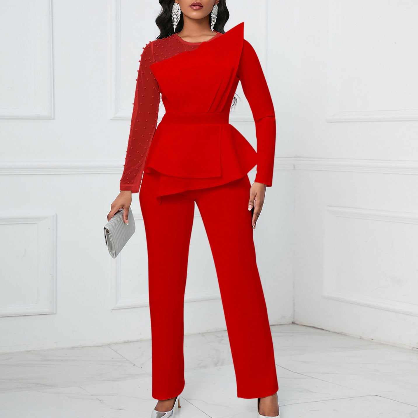 AB10ATE D439 Independent Station 2023 New Long Sleeve Elegant Mesh Stitching Bead Slim Banquet Plus Size Foreign Trade Jumpsuit