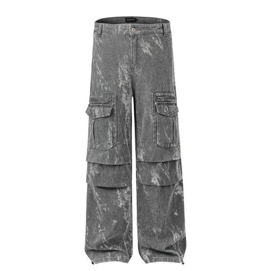 Tie-Dye Contrast Multi-Pocket Crane Pants Men's Loose Street Fashion Pleated Casual Straight Pants Wide-Leg Pants