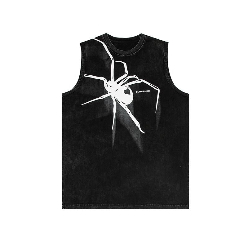 Tank Top Sleeveless Spider Graphic Round Neck Black White Cotton T Shirt Loose Basketball Breathable Tees