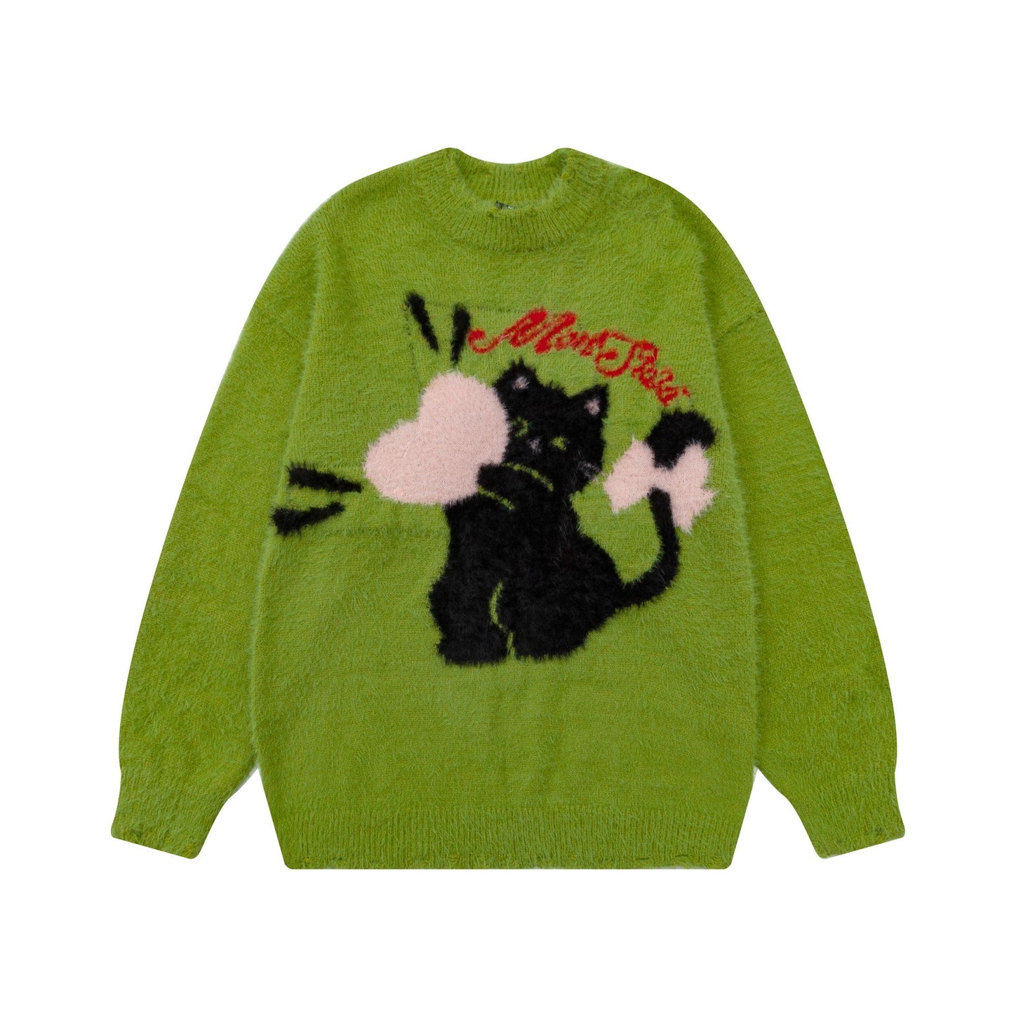 American Style Retro Cartoon Cat Jacquard Sweater Crewneck Oversize Soft Casual Knit Sweater