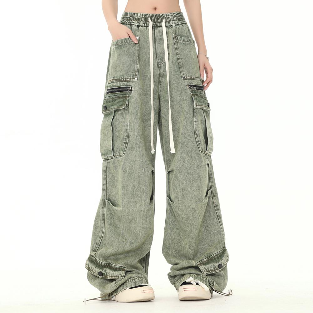 Wide-Leg Tooling Jeans Men's Trendy Brand High Street Multi-Pocket Washed Leg Drawstring Wide-Leg Pants