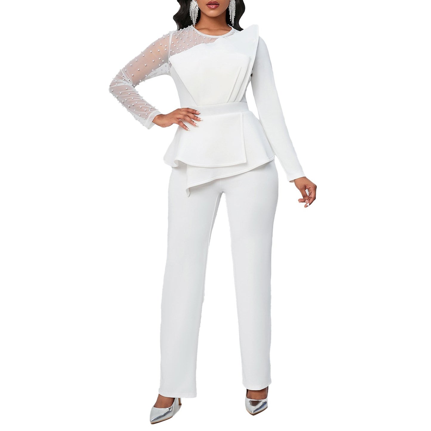 AB10ATE D439 Independent Station 2023 New Long Sleeve Elegant Mesh Stitching Bead Slim Banquet Plus Size Foreign Trade Jumpsuit