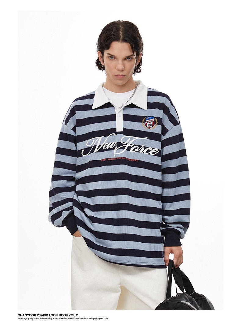 American Style Retro College Style Striped Long-sleeved T-shirt Autumn Fashion Brand Loose Casual POLO Shirt Top