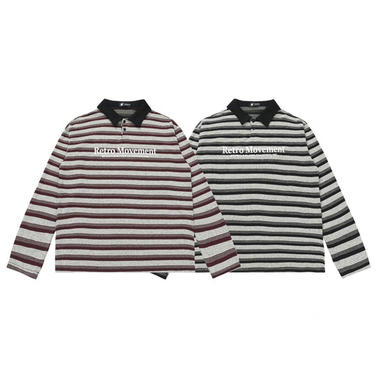 American Style Retro Striped Polo Collar Long-sleeved T-shirt Autumn Fashion Brand Loose All-match Lapel Couple Top